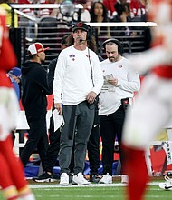 Head coach Kyle Shanahan of the San Francisco 49ers looks on during the fourth quarter of Super Bowl LVIII.
Mandatory Credit:	Jamie Squire/Getty Images