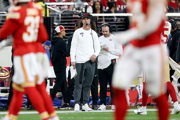 Head coach Kyle Shanahan of the San Francisco 49ers looks on during the fourth quarter of Super Bowl LVIII.
Mandatory Credit:	Jamie Squire/Getty Images
