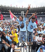 Prabowo supporters at a campaign rally in Jakarta on February 10.
Mandatory Credit:	Dimas Ardian/Bloomberg/Getty Images