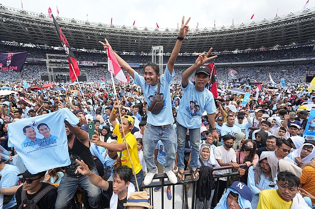 Prabowo supporters at a campaign rally in Jakarta on February 10.
Mandatory Credit:	Dimas Ardian/Bloomberg/Getty Images