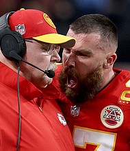 Travis Kelce confronts Andy Reid in the first half of Super Bowl LVIII.
Mandatory Credit:	Jamie Squire/Getty Images