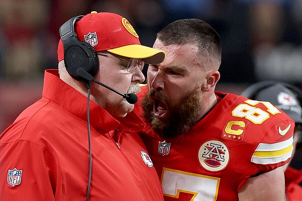 Travis Kelce confronts Andy Reid in the first half of Super Bowl LVIII.
Mandatory Credit:	Jamie Squire/Getty Images