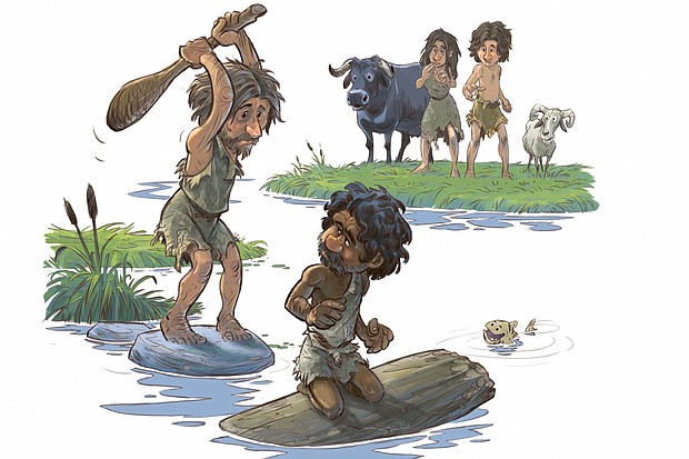 A cartoon included with the new research depicts how Vittrup Man was possibly sacrificed in a swamp.
Mandatory Credit:	Anders Fischer/Niels Bach