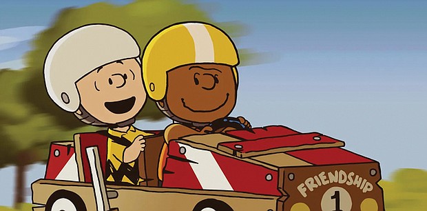 This image released by Apple TV+ shows “Peanuts” characters Charlie Brown, left, and Franklin in a scene from the animated special “Snoopy Presents: Welcome Home, Franklin,” premiering Friday.