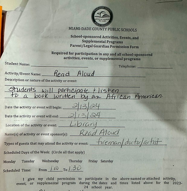 Parents were asked to sign permission forms so their children could participate in a Black History Month activity.
Mandatory Credit:	courtesy Chuck Walter via CNN Newsource