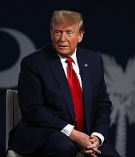 Former US President Donald Trump speaks during a Fox News town hall at the Greenville Convention Center on February 20, in Greenville, South Carolina.
Mandatory Credit:	Justin Sullivan/Getty Images via CNN Newsource