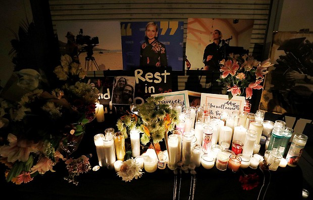 Candles are seen during a vigil for late cinematographer Halyna Hutchins in California in October 2021.
Mandatory Credit:	Mario Anzuoni/Reuters via CNN Newsource