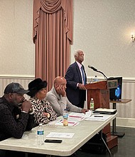 Members of the Richmond Crusade for Voters current leadership led various discussions during its Tuesday night meeting at Club 533 in Jackson Ward. From left, Garry Callis Sr., chair of the education committee, Charlotte Sydnor, first vice president, Jonathan Davis, communications chairman, and (standing) Marty Jewell, president.