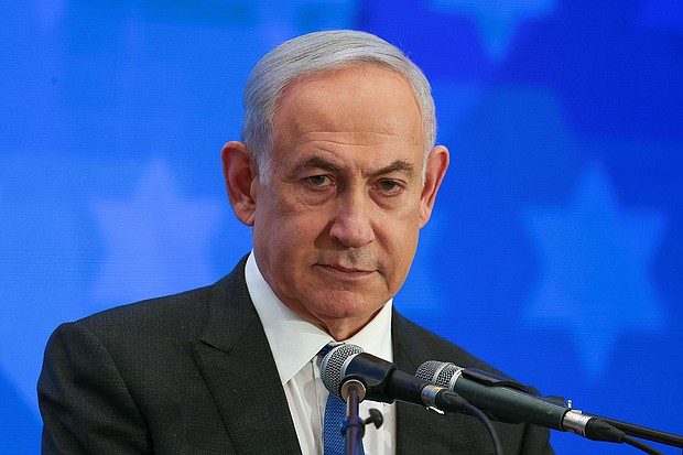 Israeli Prime Minister Benjamin Netanyahu addresses the Conference of Presidents of Major American Jewish Organizations, amid the ongoing conflict between Israel and the Palestinian Islamist group Hamas, in Jerusalem on February 18.
Mandatory Credit:	Ronen Zvulun/Reuters via CNN Newsource