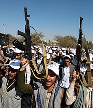 Newly recruited Houthi fighters attend a protest march against the US-led strikes on Yemen and the Israeli war in the Gaza Strip on Wednesday, February 21, in Sanaa, Yemen.
Mandatory Credit:	Osamah Abdulrahman/AP via CNN Newsource