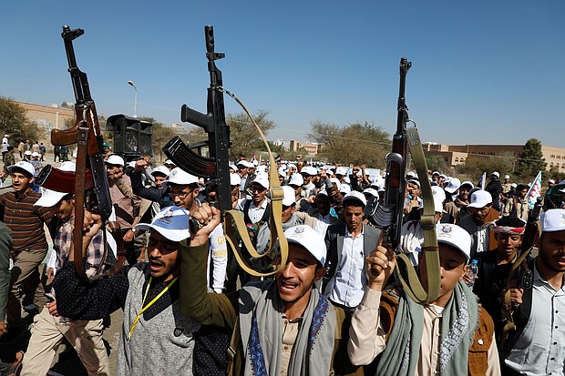 Newly recruited Houthi fighters attend a protest march against the US-led strikes on Yemen and the Israeli war in the Gaza Strip on Wednesday, February 21, in Sanaa, Yemen.
Mandatory Credit:	Osamah Abdulrahman/AP via CNN Newsource