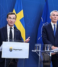 Swedish Prime Minister Ulf Kristersson and NATO Secretary General Jens Stoltenberg are seen at a news conference in Stockholm in October.
Mandatory Credit:	Jonas Ekstromer/TT News Agency/Reuters via CNN Newsource