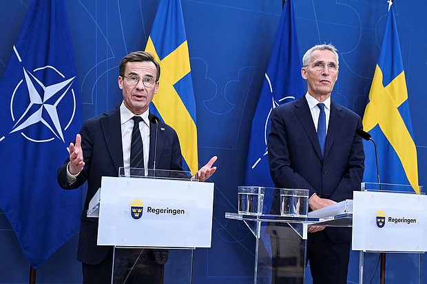 Swedish Prime Minister Ulf Kristersson and NATO Secretary General Jens Stoltenberg are seen at a news conference in Stockholm in October.
Mandatory Credit:	Jonas Ekstromer/TT News Agency/Reuters via CNN Newsource