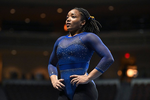 Naimah Muhammad from Fisk University looks into the crowd before her routine on the floor exercise during the competition held at Orleans Arena in Las Vegas, Nevada, January 6, 2023.
Mandatory Credit:	Amy Sanderson/ZUMA Press Wire/Cal Sport Media/AP via CNN Newsource