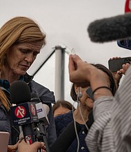 USAID chief Samantha Powers gives a press conference after visiting the humanitarian hub welcoming refugees from Nagorno-Karabakh in September 2023 in Kornidzor, Armenia.
Mandatory Credit:	Astrig Agopian/Getty Images via CNN Newsource