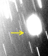 This discovery image shows the new Uranian moon S/2023 U1 using the Magellan telescope on November 4, 2023. Uranus (upper left) is just off the field of view.
Mandatory Credit:	Scott Sheppard/Carnegie Science via CNN Newsource