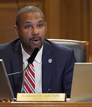 San Francisco Supervisor Shamann Walton speaks during a meeting at City Hall Tuesday in San Francisco.
Mandatory Credit:	Godofredo A. Vásquez/AP via CNN Newsource