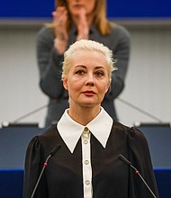 Yulia Navalnaya, the widow of Alexei Navalny, addresses the European Parliament, in Strasbourg, France, February 28.
Mandatory Credit:	Johanna Geron/Reuters via CNN Newsource