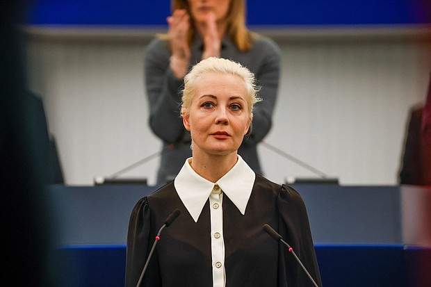 Yulia Navalnaya, the widow of Alexei Navalny, addresses the European Parliament, in Strasbourg, France, February 28.
Mandatory Credit:	Johanna Geron/Reuters via CNN Newsource