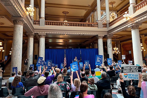 Kit Malone, an advocacy strategist with the American Civil Liberties Union of Indiana, leads a rally at the statehouse in Indianapolis on Tuesday, May 24, 2022.
Mandatory Credit:	Casey Smith/Report for America/AP via CNN Newsource