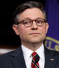 Speaker of the House Mike Johnson talks to reporters during a news conference at the U.S. Capitol on February 14, in Washington, DC.
Mandatory Credit:	Chip Somodevilla/Getty Images via CNN Newsource