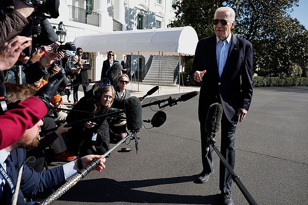 President Joe Biden speaks briefly with reporters before boarding the Marine One presidential helicopter and departing the White House on February 29 in Washington, DC.
Mandatory Credit:	Chip Somodevilla/Getty Images via CNN Newsource