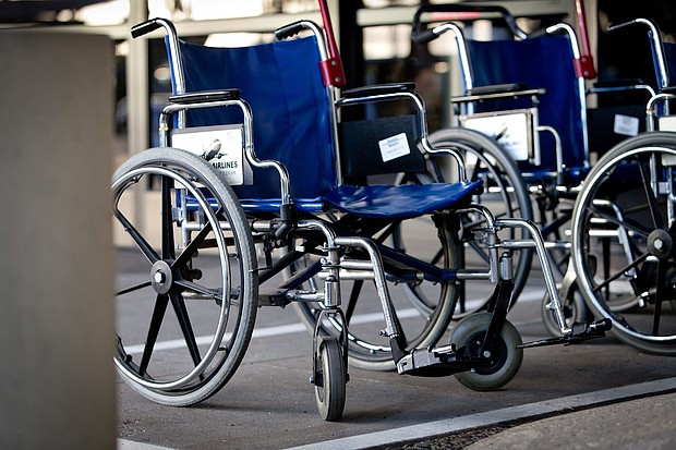 Wheelchairs are lined up at San Diego International Airport in this file photo. Airlines damaged or lost more than 11,000 passenger wheelchairs last year, according to The Department of Transportation.
Mandatory Credit:	Frank Duenzl/picture-alliance/dpa/AP via CNN Newsource
