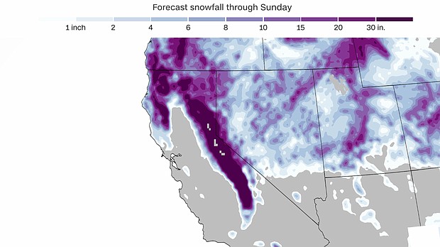 A snowfall forecast from Thursday through Sunday shows feet of snow across California's mountains.
Mandatory Credit:	CNN Weather via CNN Newsource