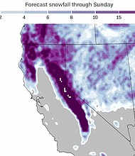 A snowfall forecast from Thursday through Sunday shows feet of snow across California's mountains.
Mandatory Credit:	CNN Weather via CNN Newsource