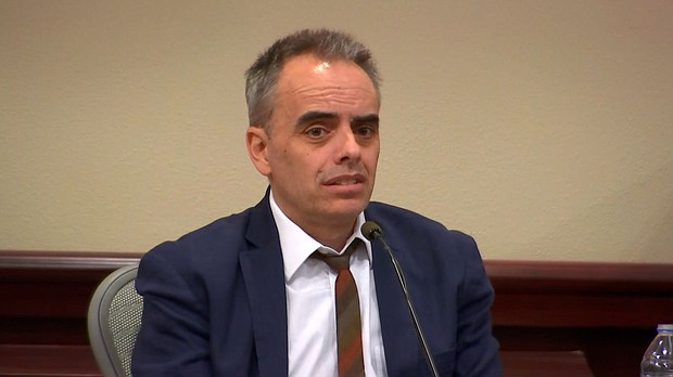 Joel Souza, the director and screenwriter of "Rust" film, speaks on the witness stand on March 1. Souza testified on Friday about the moment he was shot on set.
Mandatory Credit:	Pool via CNN Newsource