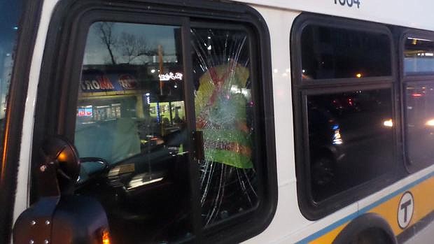 An MBTA bus was damaged by another driver during a road rage incident.
Mandatory Credit:	Transit Police/KYW via CNN Newsource