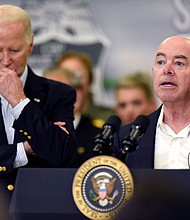 Homeland Security Secretary Alejandro Mayorkas delivers remarks during a visit to the southern border in Brownsville, Texas, on February 29, with President Joe Biden.
Mandatory Credit:	Valerie Gonzalez/AP via CNN Newsource