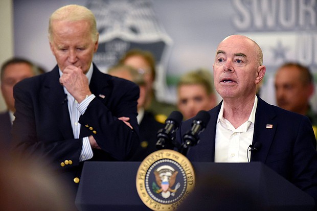 Homeland Security Secretary Alejandro Mayorkas delivers remarks during a visit to the southern border in Brownsville, Texas, on February 29, with President Joe Biden.
Mandatory Credit:	Valerie Gonzalez/AP via CNN Newsource