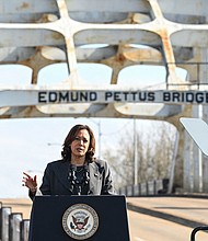 Vice President Kamala Harris speaks at the Edmund Pettus Bridge during an event to commemorate the 59th anniversary of "Bloody Sunday" in Selma, Alabama, on March 3.
Mandatory Credit:	Saul Loeb/AFP/Getty Images via CNN Newsource