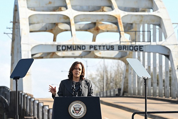 Vice President Kamala Harris speaks at the Edmund Pettus Bridge during an event to commemorate the 59th anniversary of "Bloody Sunday" in Selma, Alabama, on March 3.
Mandatory Credit:	Saul Loeb/AFP/Getty Images via CNN Newsource