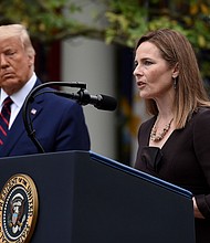 Judge Amy Coney Barrett speaks after being nominated to the US Supreme Court by President Donald Trump in the Rose Garden of the White House in Washington, DC on September 26, 2020. Justice Amy Coney Barrett packed two very different messages into her one-page opinion on Monday as the Supreme Court declared states could not toss former President Donald Trump off the ballot.
Mandatory Credit:	Olivier Douliery/AFP/Getty Images via CNN Newsource