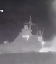 Ukrainian defense intelligence videograb shows the Russian patrol ship that was hit in the Black Sea.
Mandatory Credit:	Defense Intelligence of Ukraine via CNN Newsource