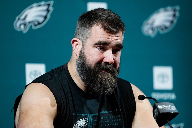 Jason Kelce speaks during the NFL football press conference announcing his retirement in Philadelphia on March 4.
Mandatory Credit:	Matt Rourke/AP via CNN Newsource