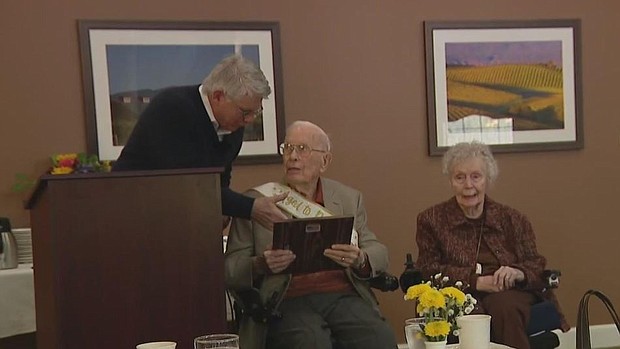 World War II veteran, Arthur Larson, center, was honored with a party and presented the key to the city as he celebrated his 104th birthday.
Mandatory Credit:	KPIX via CNN Newsource