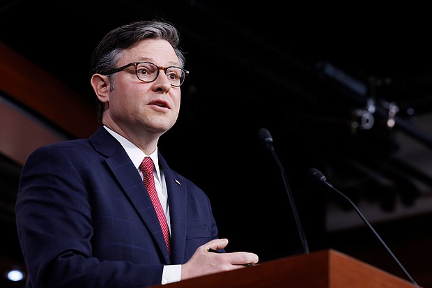 House Speaker Mike Johnson speaks during a news conference with House Republican leadership on February 29, in Washington, DC.
Mandatory Credit:	Anna Moneymaker/Getty Images via CNN Newsource