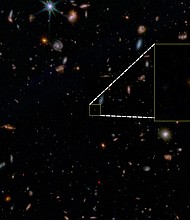 A new image taken by the James Webb Space Telescope reveals a "dead" galaxy, named JADES-GS-z7-01-QU, in the distant universe.
Mandatory Credit:	JADES Collaboration via CNN Newsource