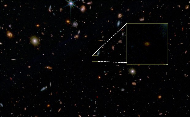 A new image taken by the James Webb Space Telescope reveals a "dead" galaxy, named JADES-GS-z7-01-QU, in the distant universe.
Mandatory Credit:	JADES Collaboration via CNN Newsource