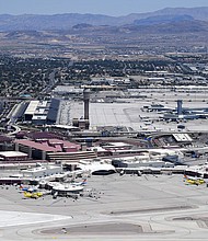 An aerial view shows of Harry Reid International Airport in Las Vegas.
Mandatory Credit:	Ethan Miller/Getty Images via CNN Newsource
