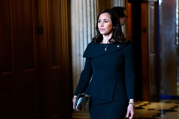 Sen. Katie Britt walks to a luncheon with Senate Republicans at the US Capitol Building on February 27, in Washington, DC.
Mandatory Credit:	Anna Moneymaker/Getty Images via CNN Newsource