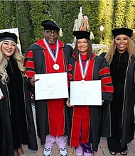 (Left to Right) Phylicity Caddie with Proclamation, Dr. Verna Caddie - President, Dr. Bobby Brown, Dr. Alicia-Etheredge-Brown, Dr. Shonda Love - Chancellor, Amber Bodwin, Leaders Esteem Christian Bible University along with ABTP presented the Browns with a crystal trophy in memory of Bobbi Kristina for her Heavenly Birthday (March 4th)