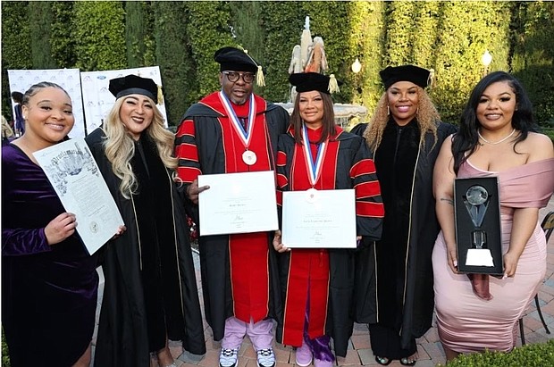 (Left to Right) Phylicity Caddie with Proclamation, Dr. Verna Caddie - President, Dr. Bobby Brown, Dr. Alicia-Etheredge-Brown, Dr. Shonda Love - Chancellor, Amber Bodwin, Leaders Esteem Christian Bible University along with ABTP presented the Browns with a crystal trophy in memory of Bobbi Kristina for her Heavenly Birthday (March 4th)