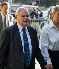 Democratic Sen. Bob Menendez of New Jersey and his wife Nadine Menendez arrive at the federal courthouse in New York, September 27, 2023.
Mandatory Credit:	Jeenah Moon/AP via CNN Newsource