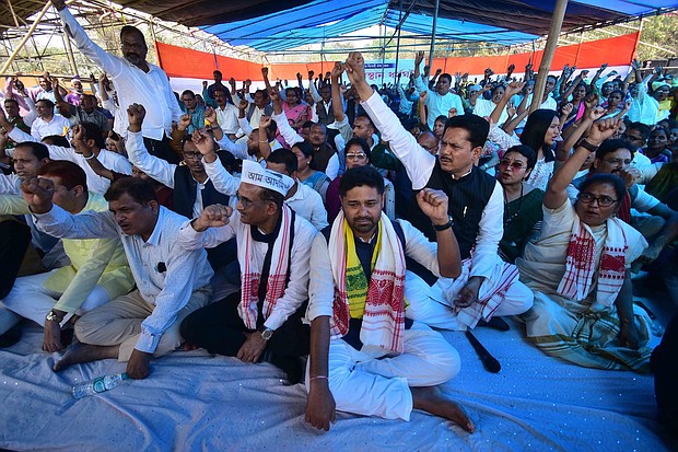Members of the United Opposition Forum protest against the Citizenship (Amendment) Act in Nagaon District, Assam, India, on March 8.
Mandatory Credit:	Anuwar Hazarika/NurPhoto via Getty Images via CNN Newsource