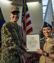 Hull Maintenance Technician 1st Class Daphny Davila, a Recruit Division Commander (RDC) at Recruit Training Command (RTC), and a native of Spring, Texas, was recognized as the honor graduate of her RDC "C" school class and spoke about her journey and how being the top-performing student validated her hard work. Boot camp is approximately 10 weeks, and all enlistees in the U.S. Navy begin their careers at the command. More than 40,000 recruits train annually at the Navy's only boot camp. (U.S. Navy photo by Mass Communication Specialist 2nd Class Stuart (Photo By Petty Officer 2nd Class Stuart Posada)