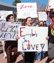 More than 50 people gathered Tuesday, March 21, 2023, at West Texas A&M University in Canyon, Texas, to protest the university president's decision to cancel a drag show on campus.
Mandatory Credit:	Michael Cuviello/Amarillo Globe-News/AP via CNN Newsource